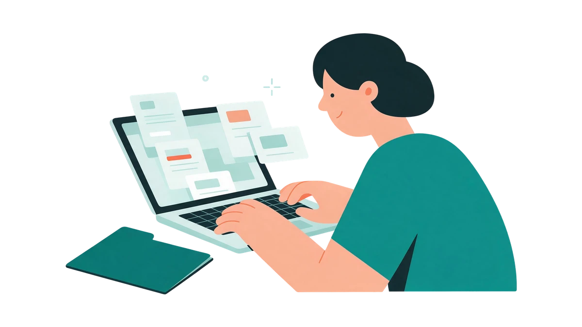 Illustration: documents coming out of a laptop and arranging themselves in order