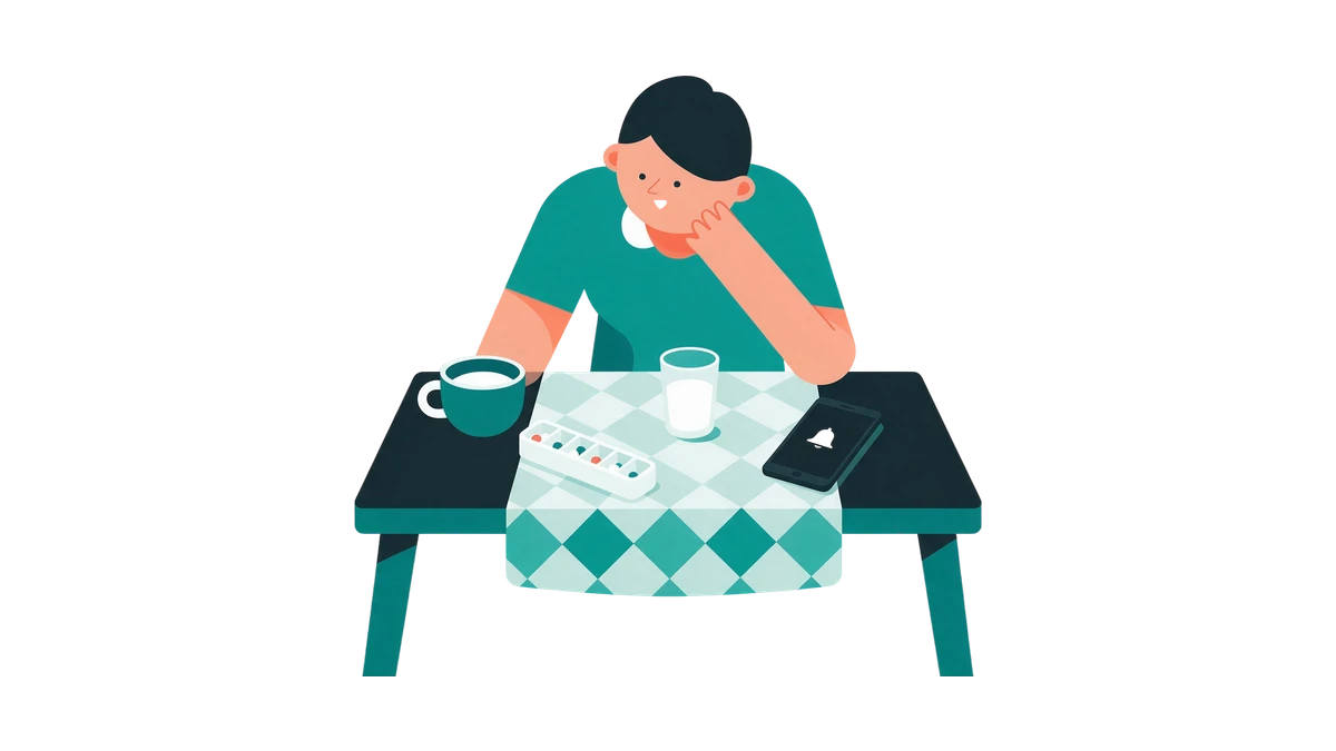 Illustration: a morning table with coffee, a pill organiser and a reminder on a phone