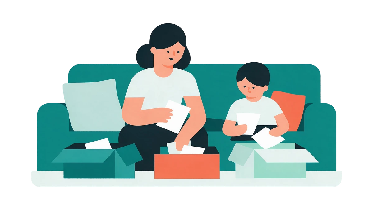 Illustration: a parent and a child sorting papers into three boxes