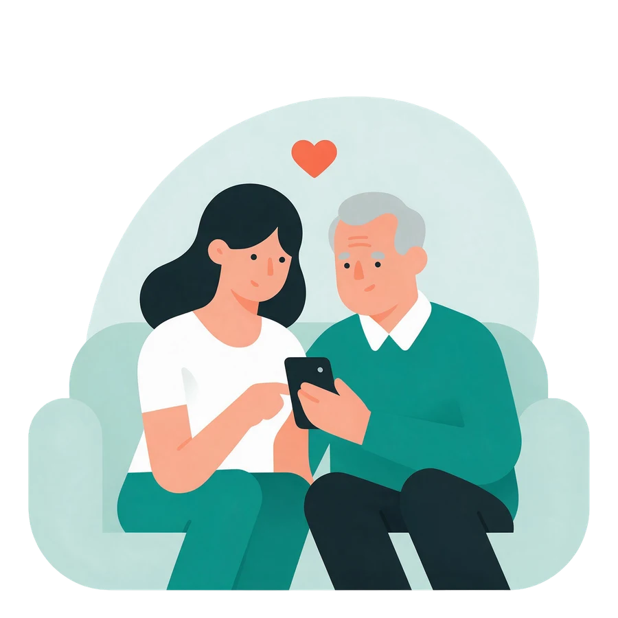A daughter and her elderly father looking at a phone together on the sofa