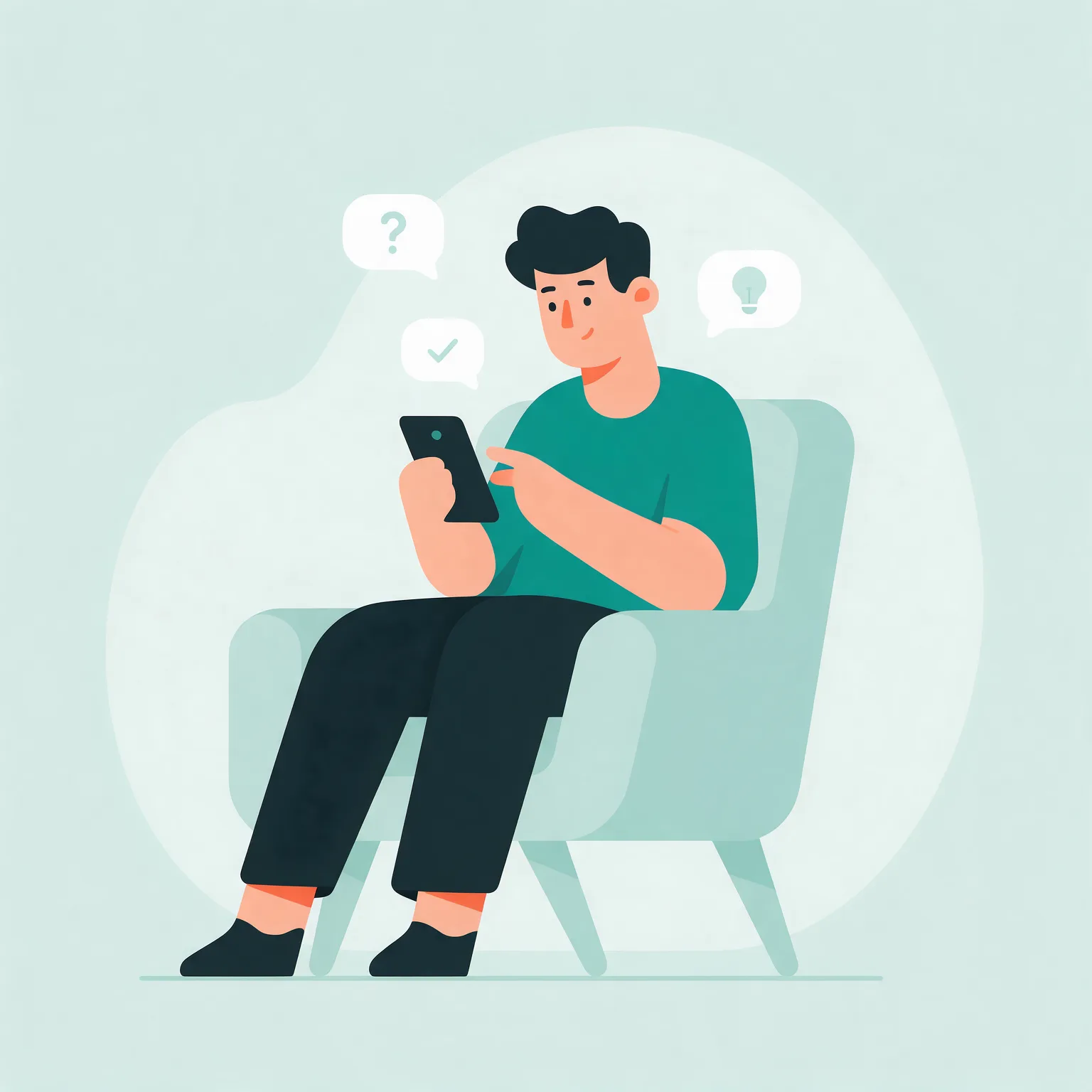 A person in an armchair reading answers on a phone, with a question mark, a tick and a light bulb above them