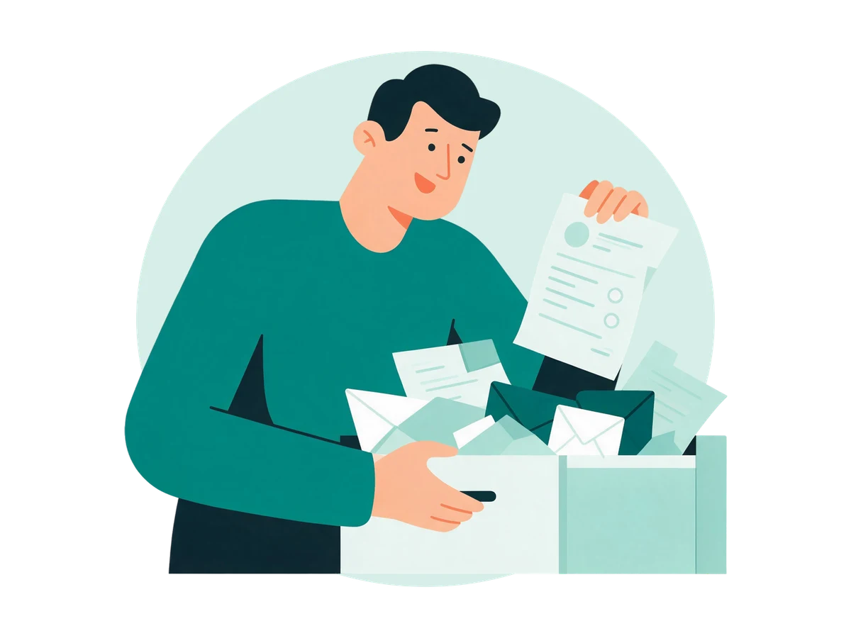 Illustration: a man taking a found test result out of a box full of envelopes and papers