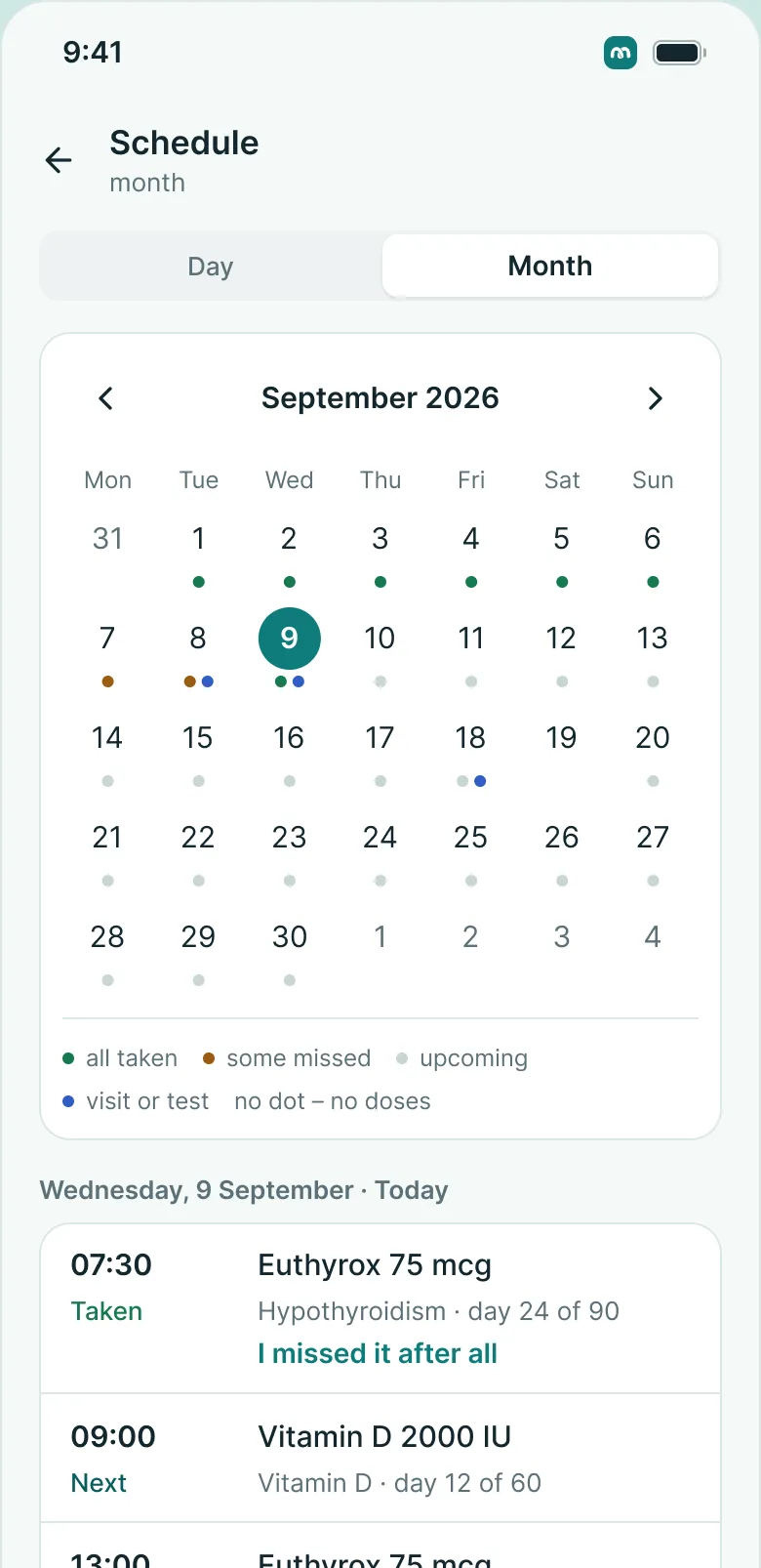 The calendar screen in the MedKeep app: a month with the status of each day and the list for the selected day