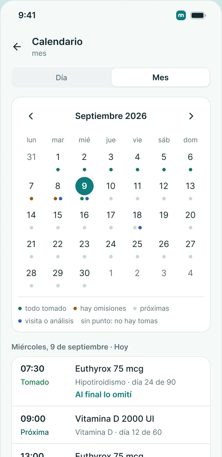 Pantalla del calendario en la aplicación MedKeep: el mes con el estado de cada día y la lista del día elegido