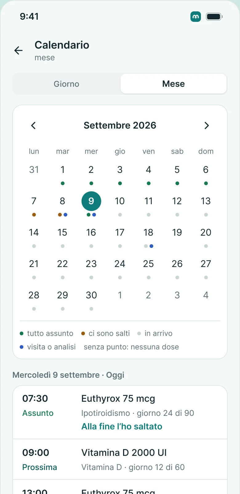 La schermata del calendario nell'app MedKeep: il mese con lo stato di ogni giorno e l'elenco del giorno scelto