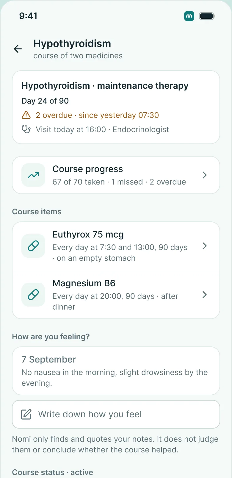 MedKeep on a phone: treatment course and progress