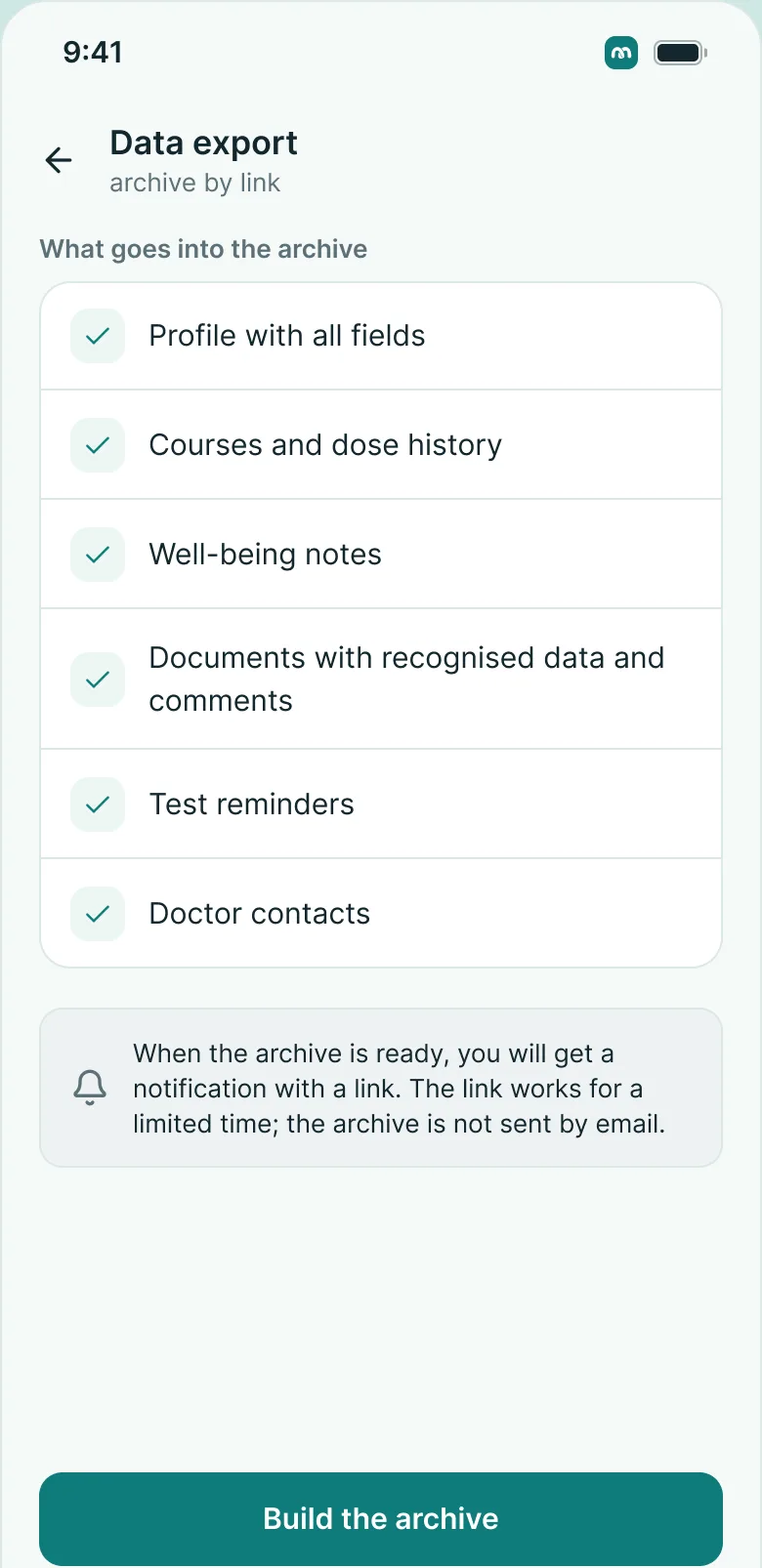 The “Export data” screen: what goes into the archive and how to get it by link