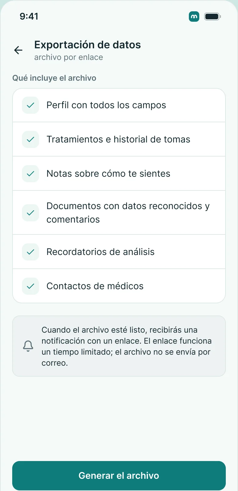 Pantalla «Exportar datos»: qué entra en el archivo y cómo recibirlo por enlace