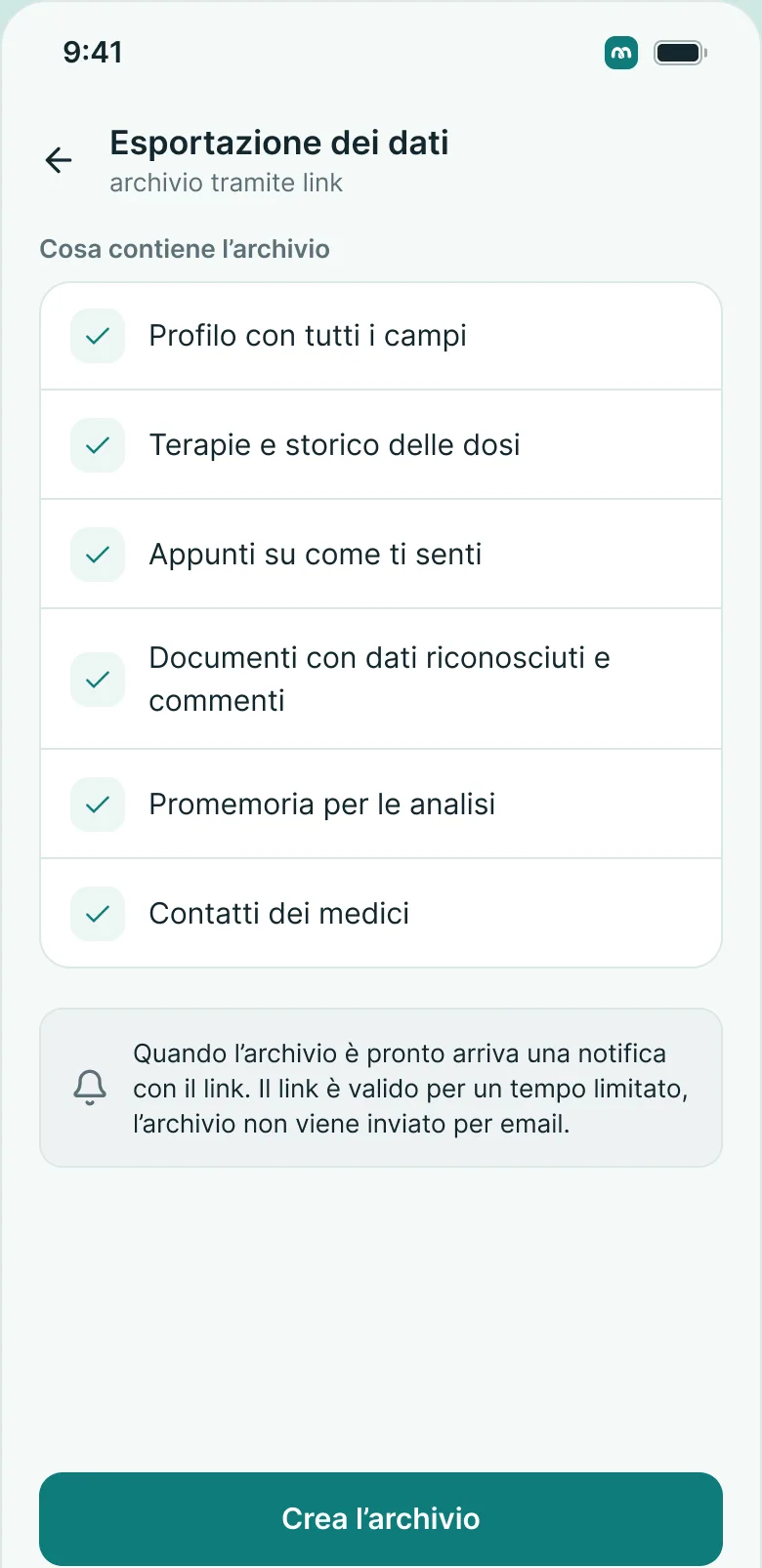 La schermata «Esporta dati»: cosa entra nell'archivio e come riceverlo tramite link