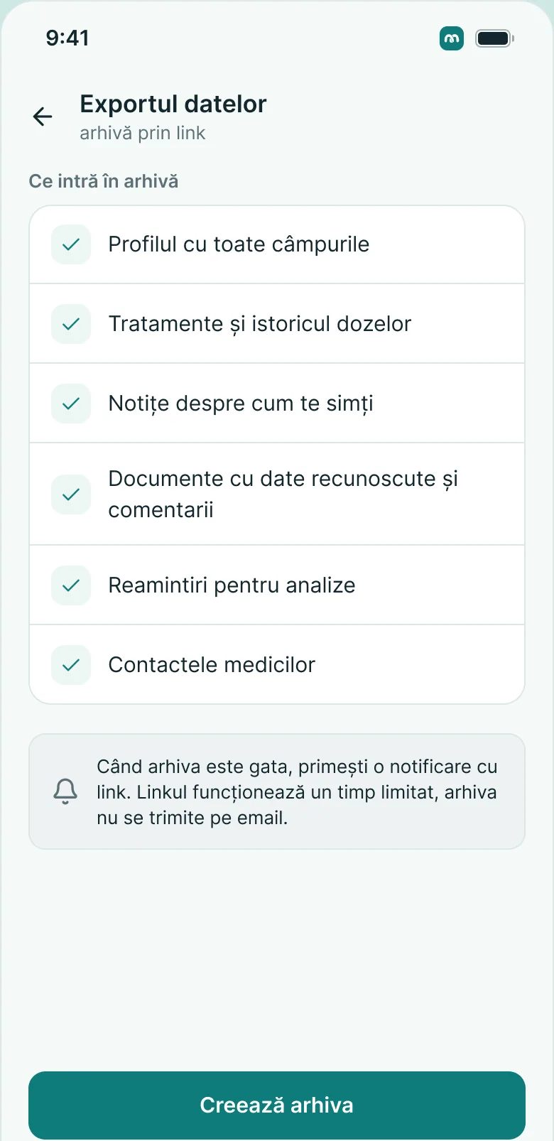 Ecranul „Export de date”: ce intră în arhivă și cum o primești prin link