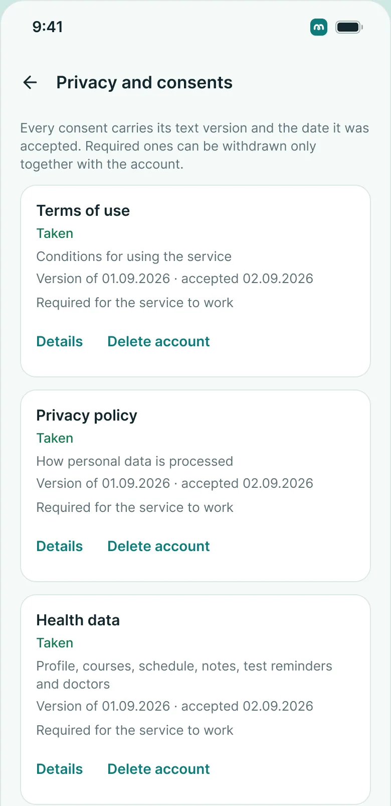 The “Privacy” screen in the MedKeep app: every consent with its version and date, optional ones can be withdrawn