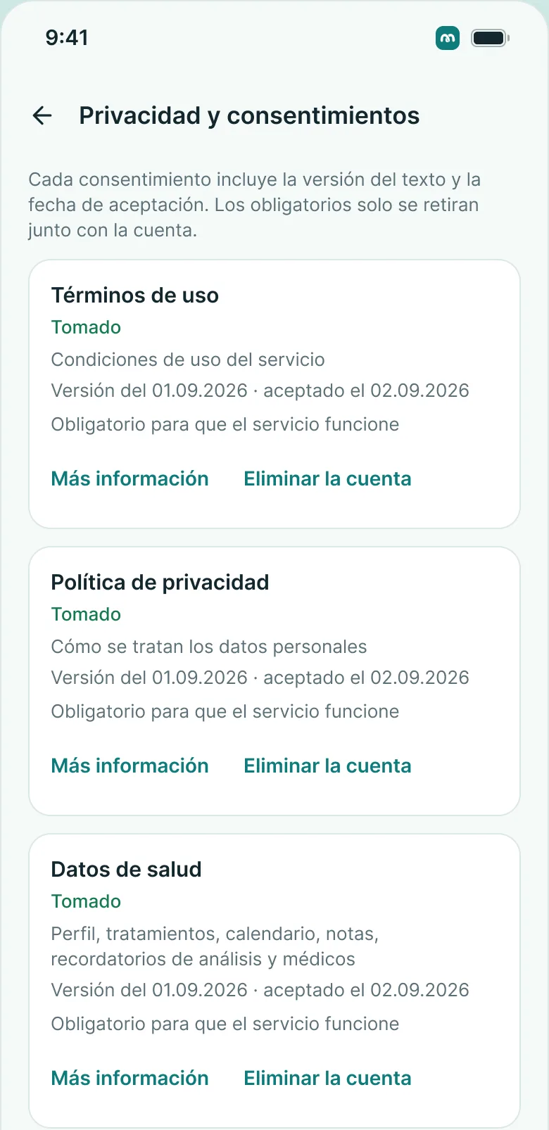 Pantalla «Privacidad» en la aplicación MedKeep: cada consentimiento con su versión y fecha; los opcionales se pueden retirar