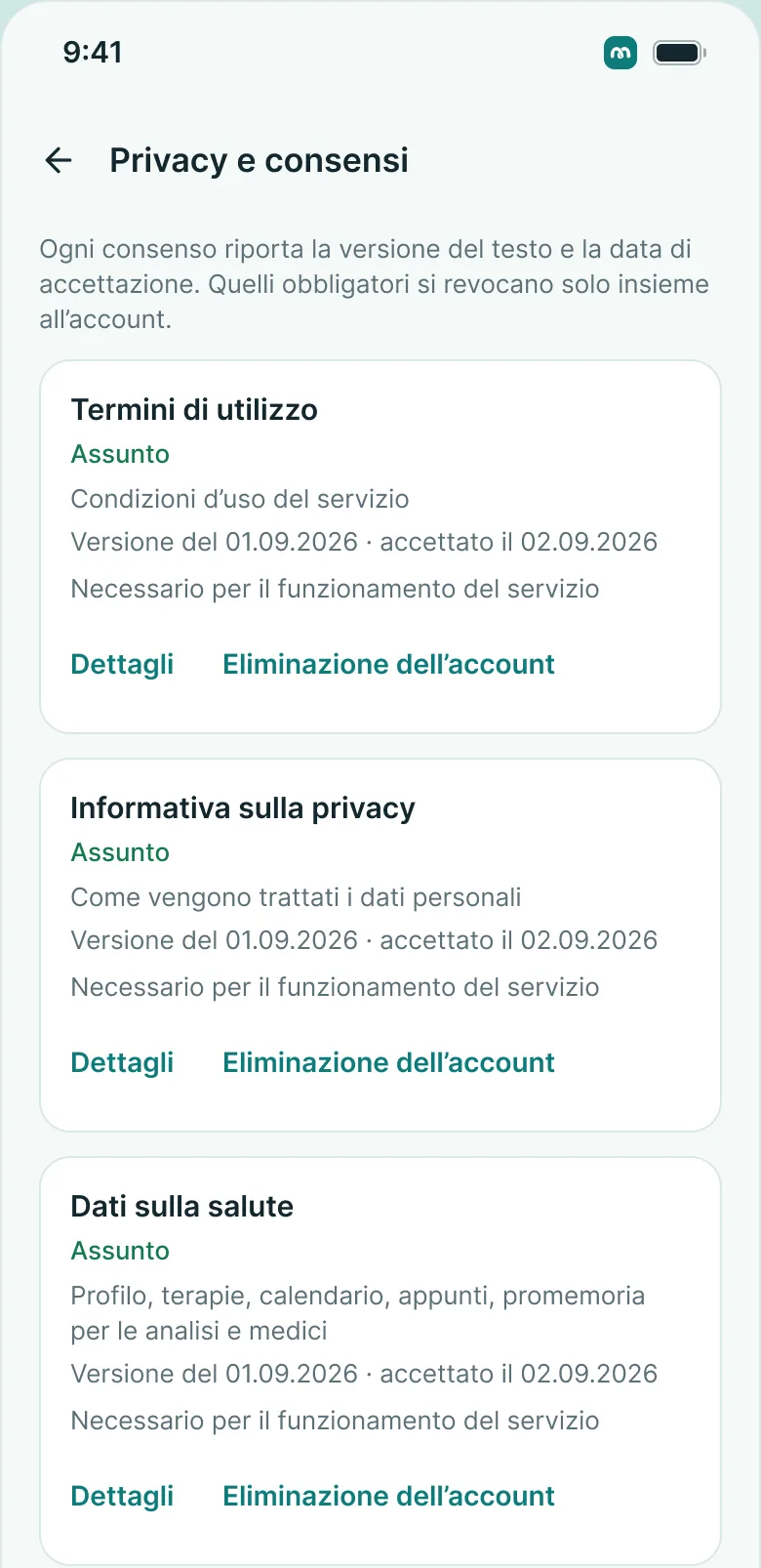 La schermata «Privacy» nell'app MedKeep: ogni consenso con versione e data, quelli facoltativi si possono revocare