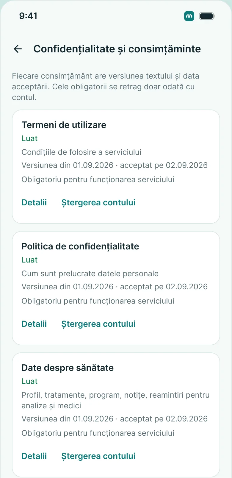 Ecranul „Confidențialitate” din aplicația MedKeep: fiecare acord cu versiunea și data, cele opționale pot fi retrase