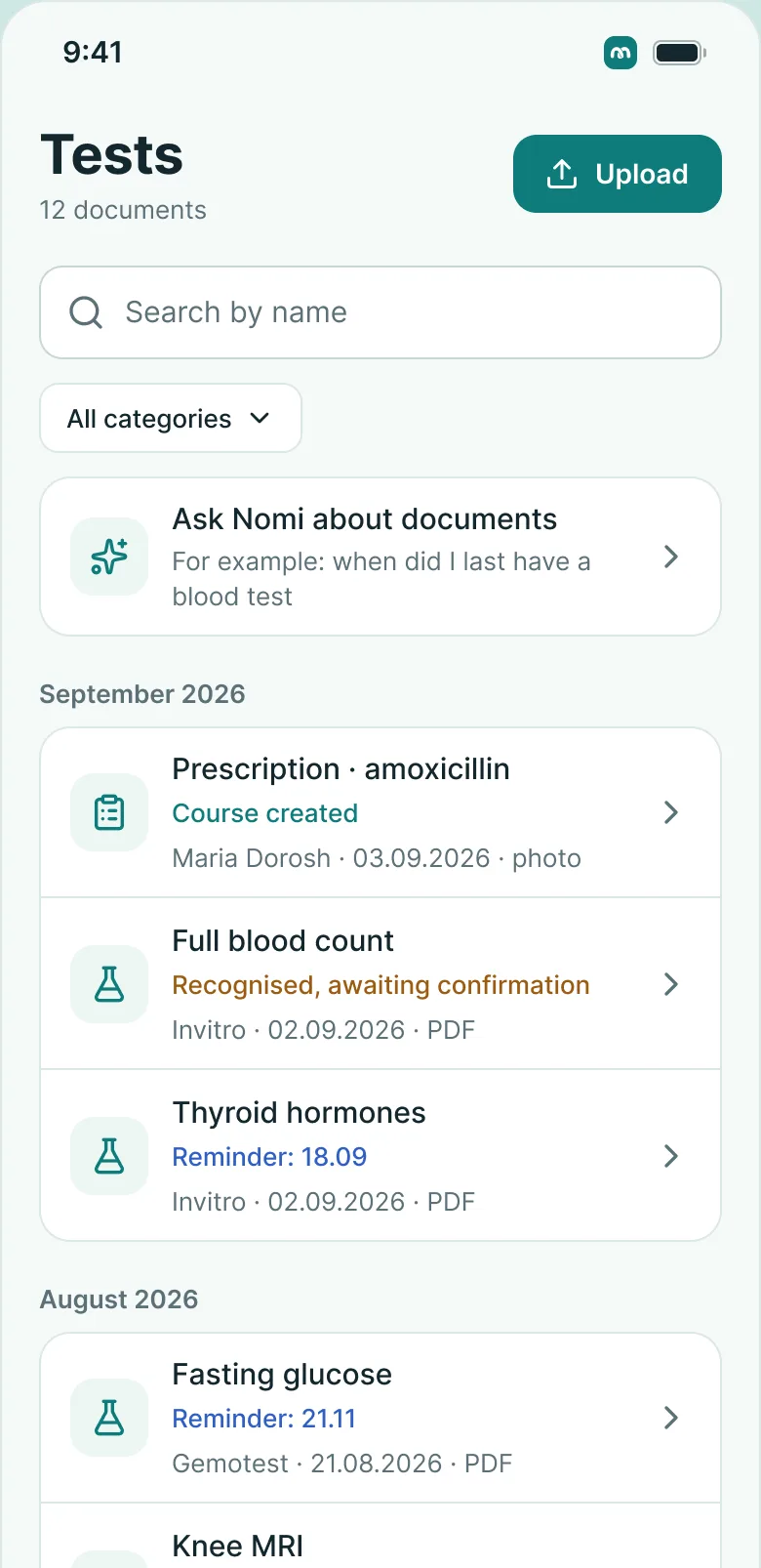 MedKeep on a phone: test results by date