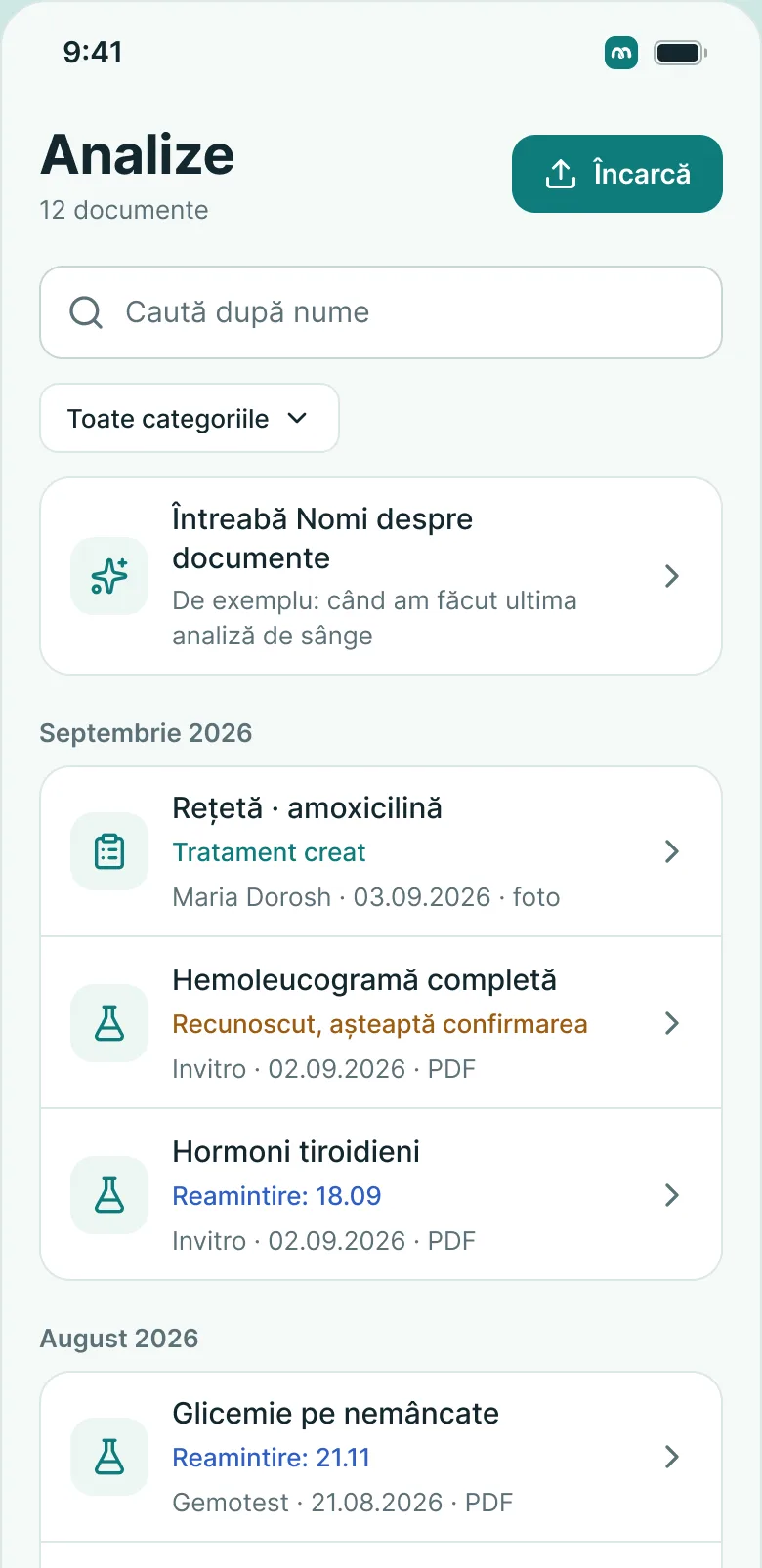 MedKeep pe telefon: analizele după dată