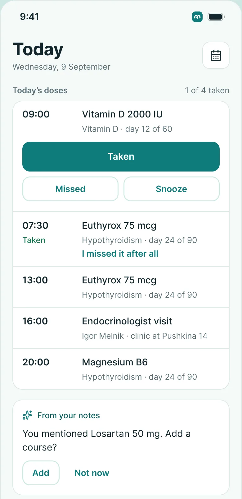 MedKeep on a phone: today's doses and the treatment course