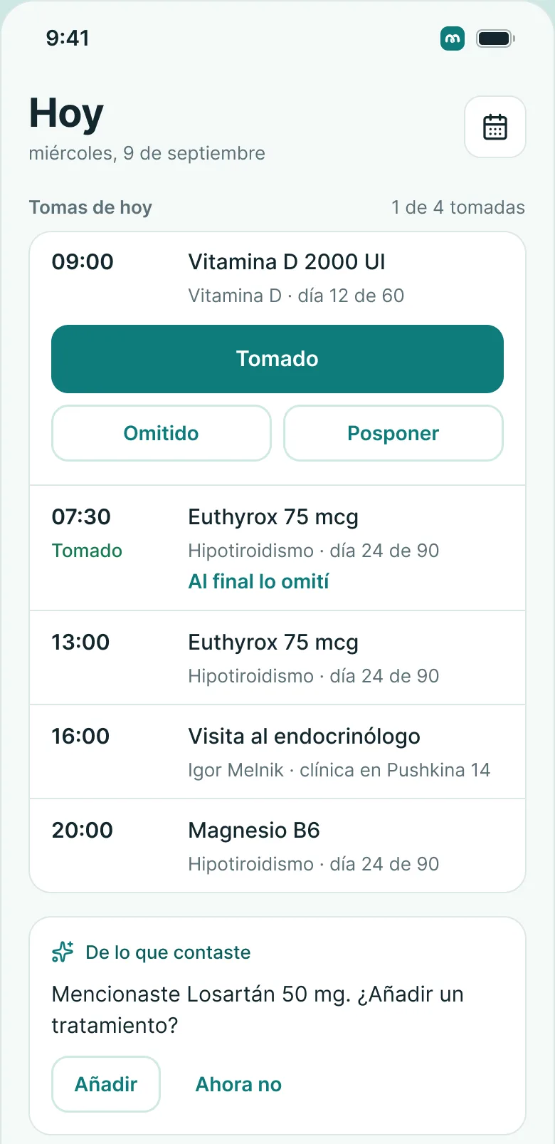 MedKeep en el móvil: las tomas de hoy y el tratamiento