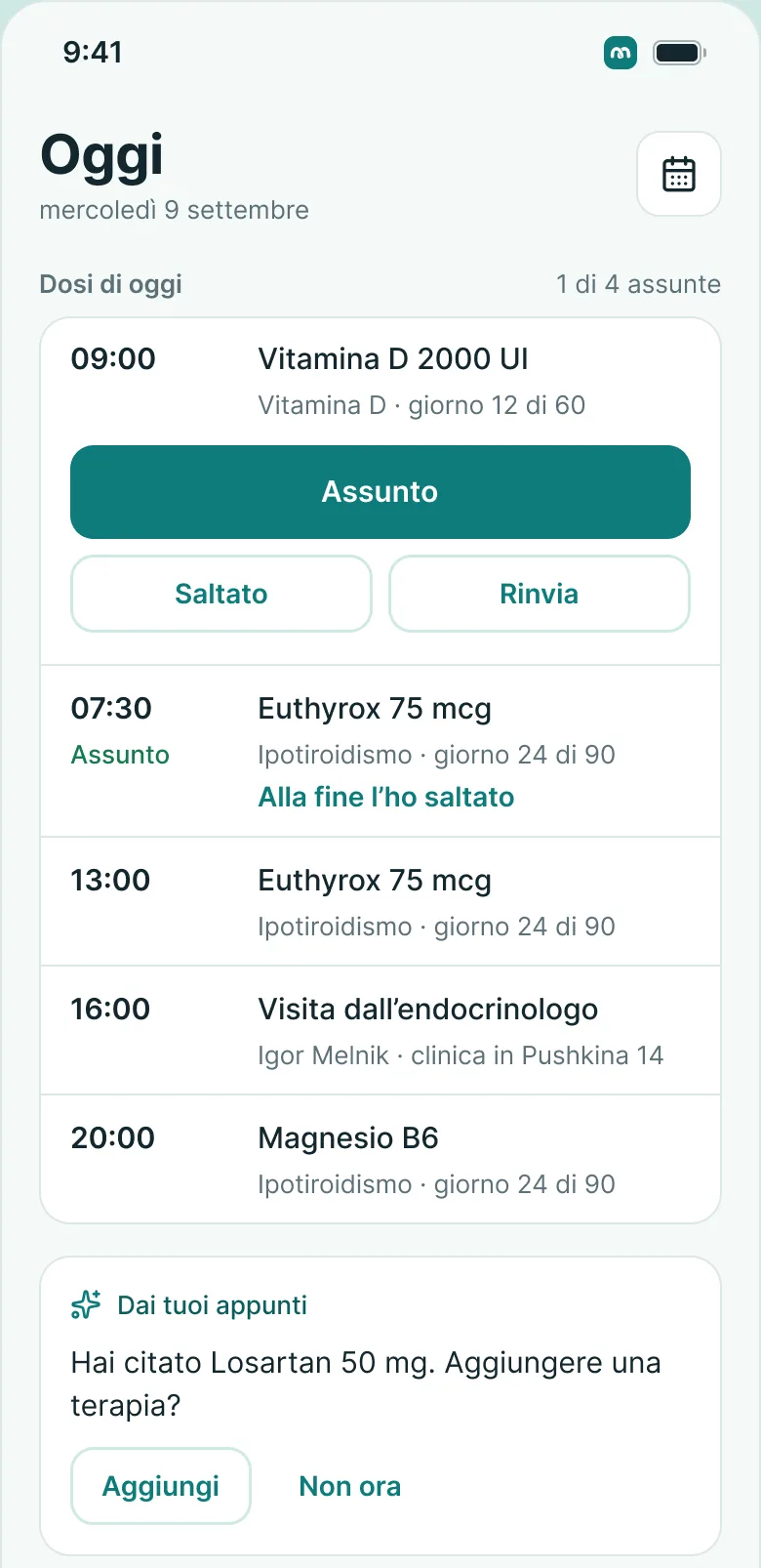 MedKeep sul telefono: le dosi di oggi e la terapia in corso