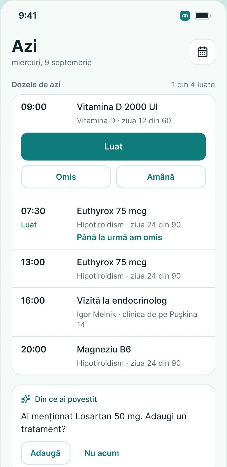 MedKeep pe telefon: dozele de azi și cura de tratament