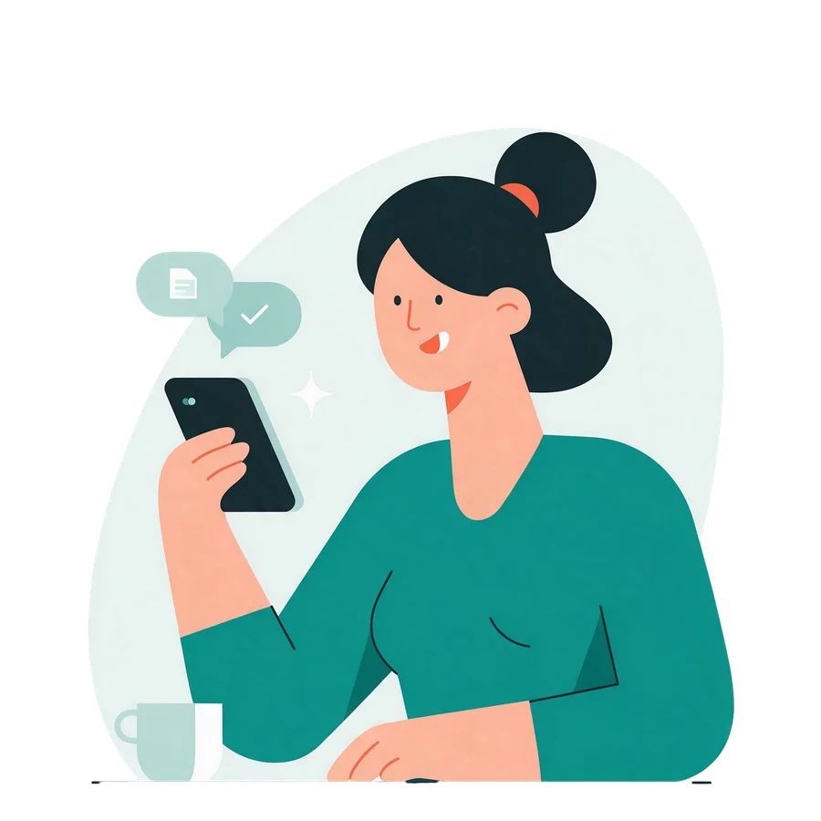 A young woman chatting on her phone, with messages carrying a document and a tick above it