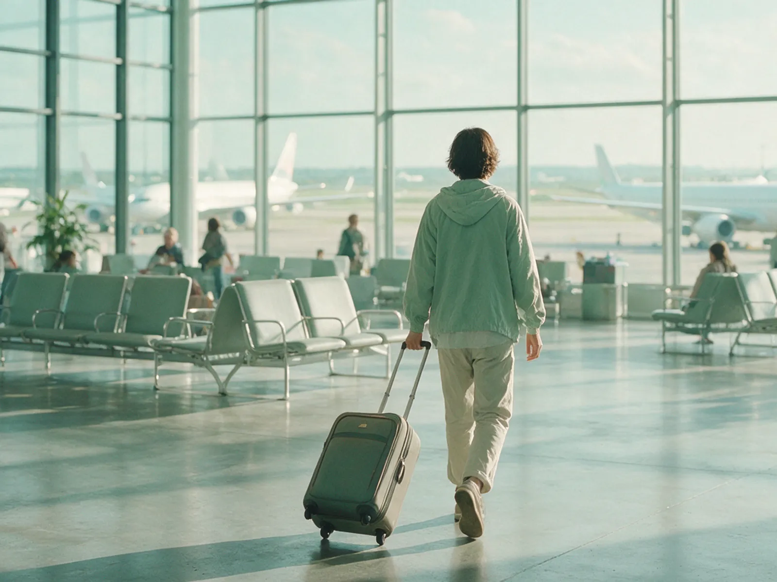 A traveller with a suitcase walking through an airport hall