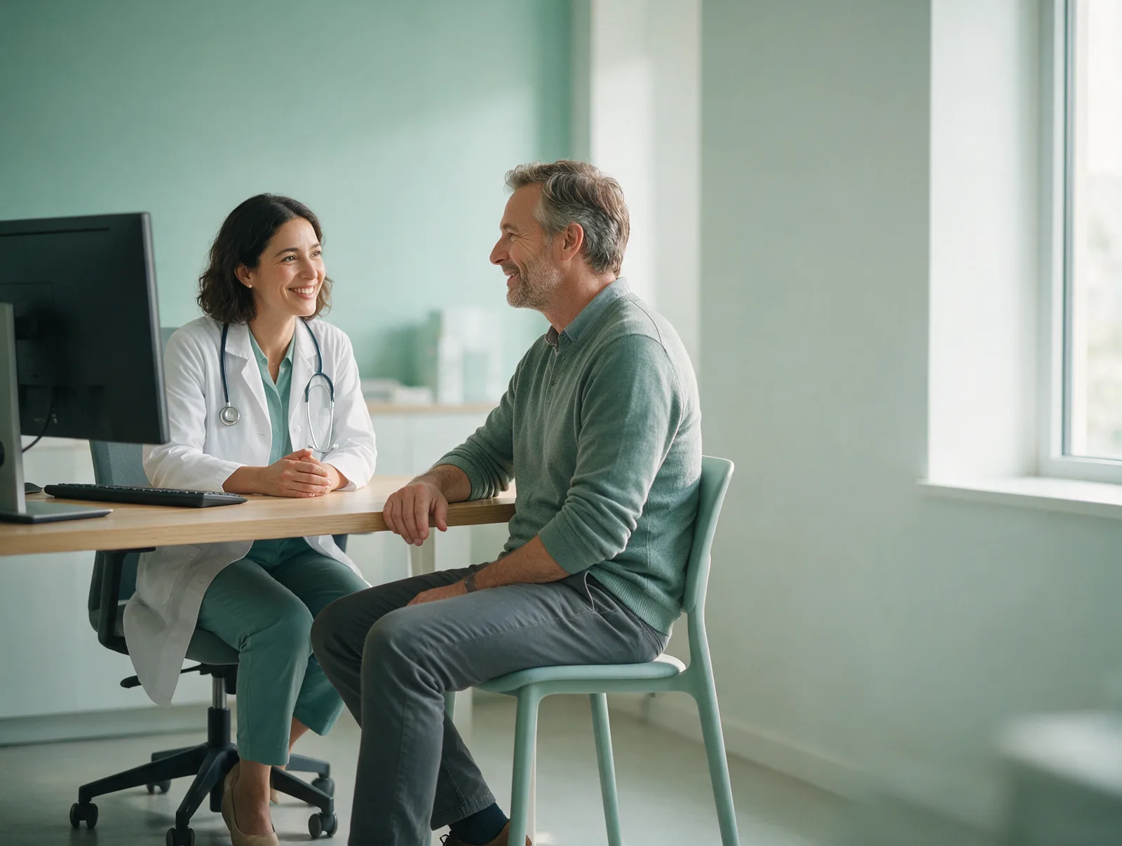 A doctor at a desk and a patient on a chair beside them, talking calmly in a bright consulting room