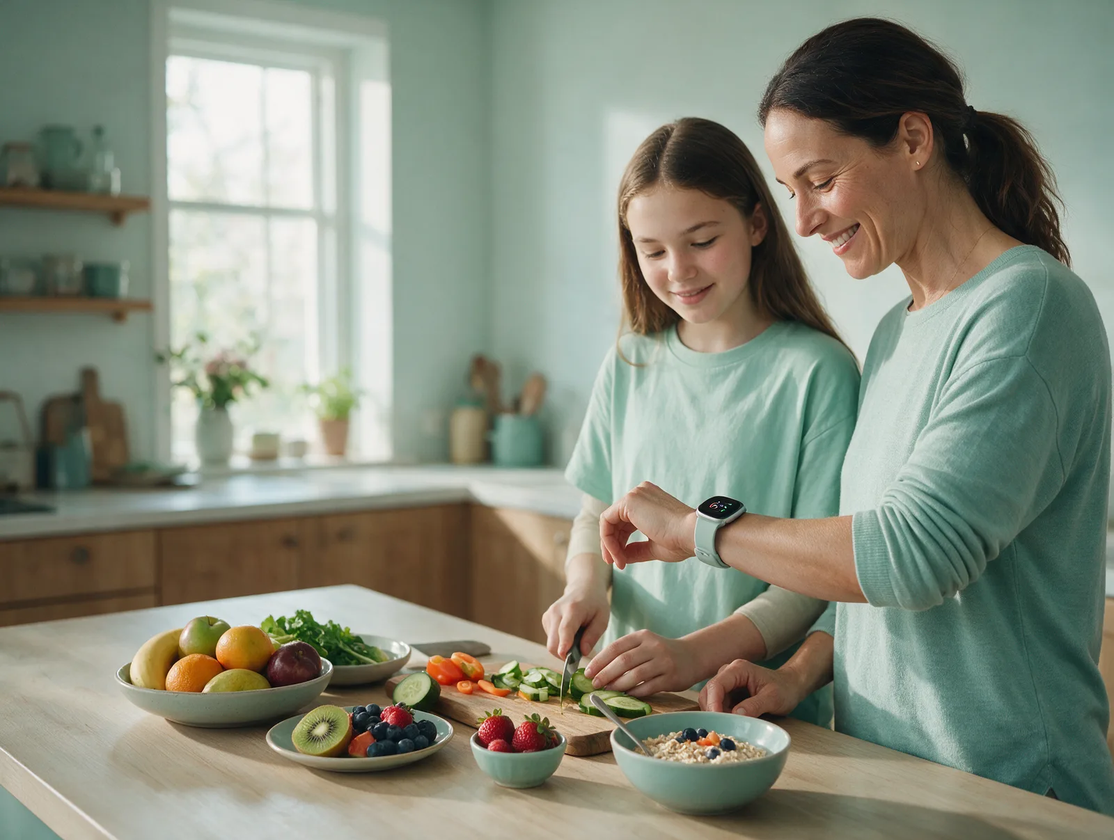 A mother and daughter making a healthy breakfast, the mother wearing a fitness tracker