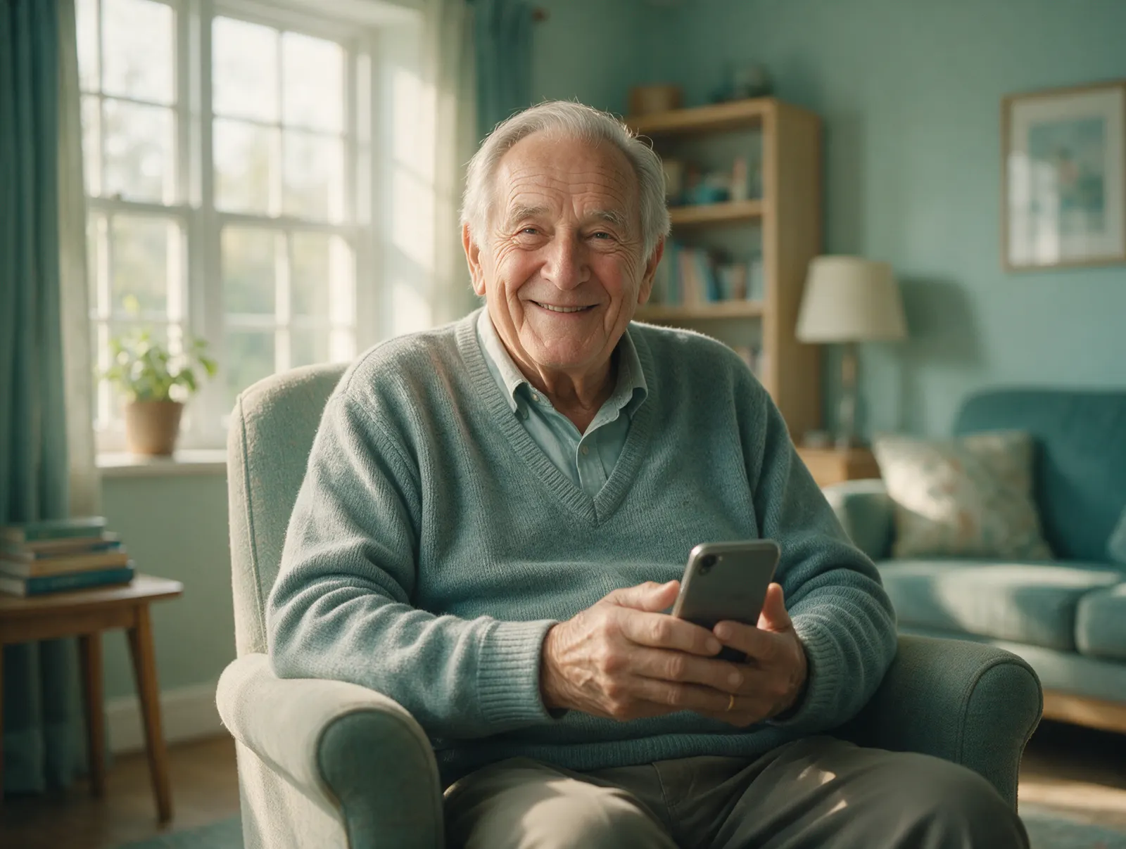 An older man at home in an armchair with a phone in his hands, smiling