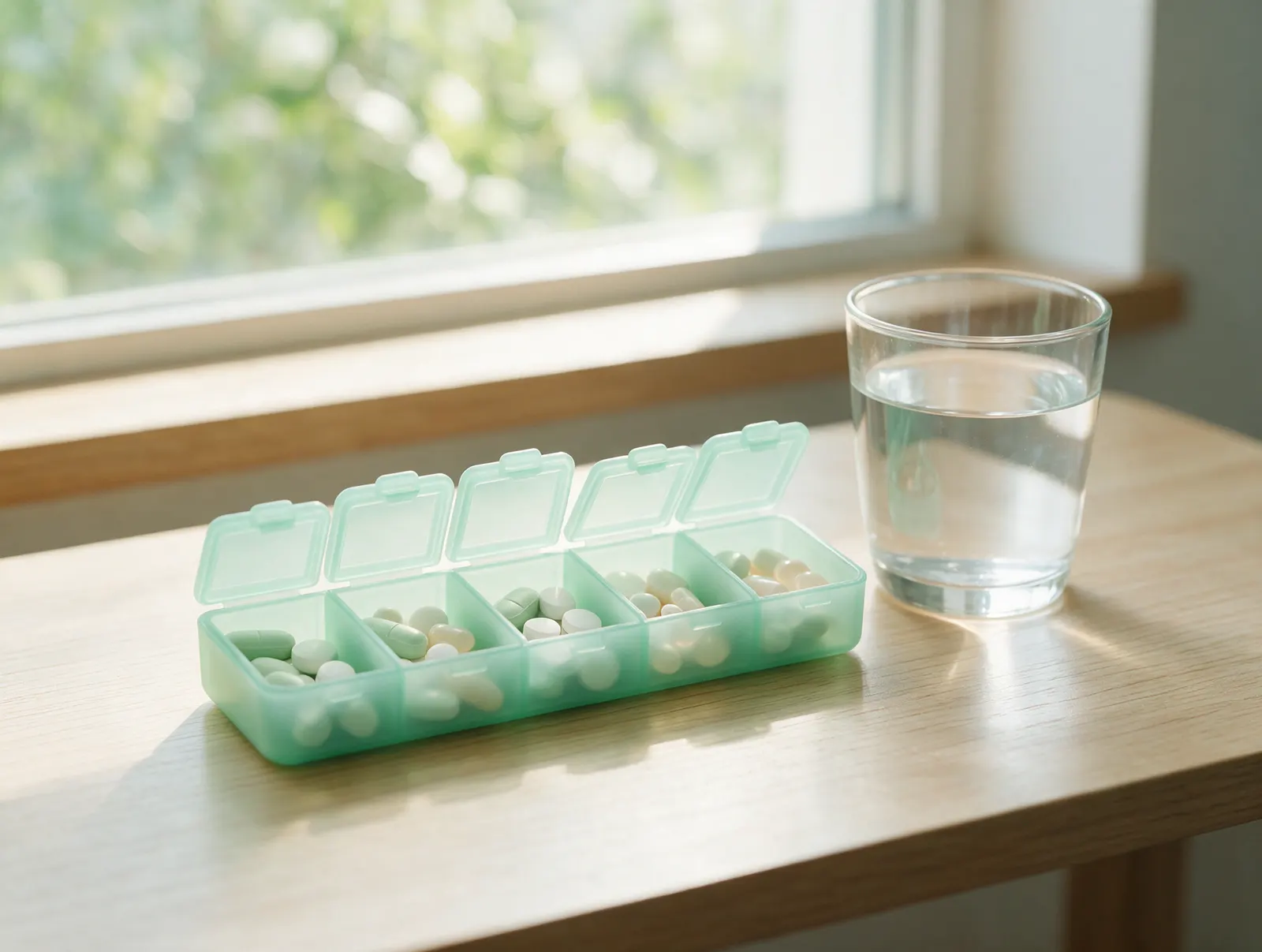 A weekly pill organiser and a glass of water on a table by the window