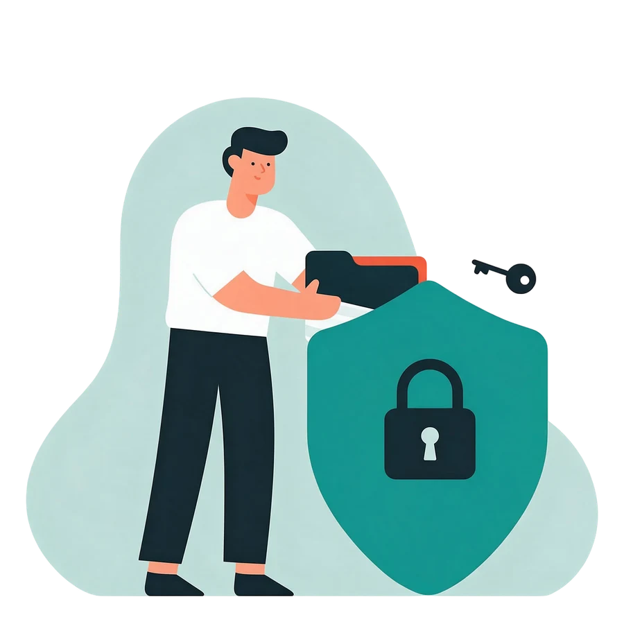 A man putting a folder of documents behind a shield with a lock